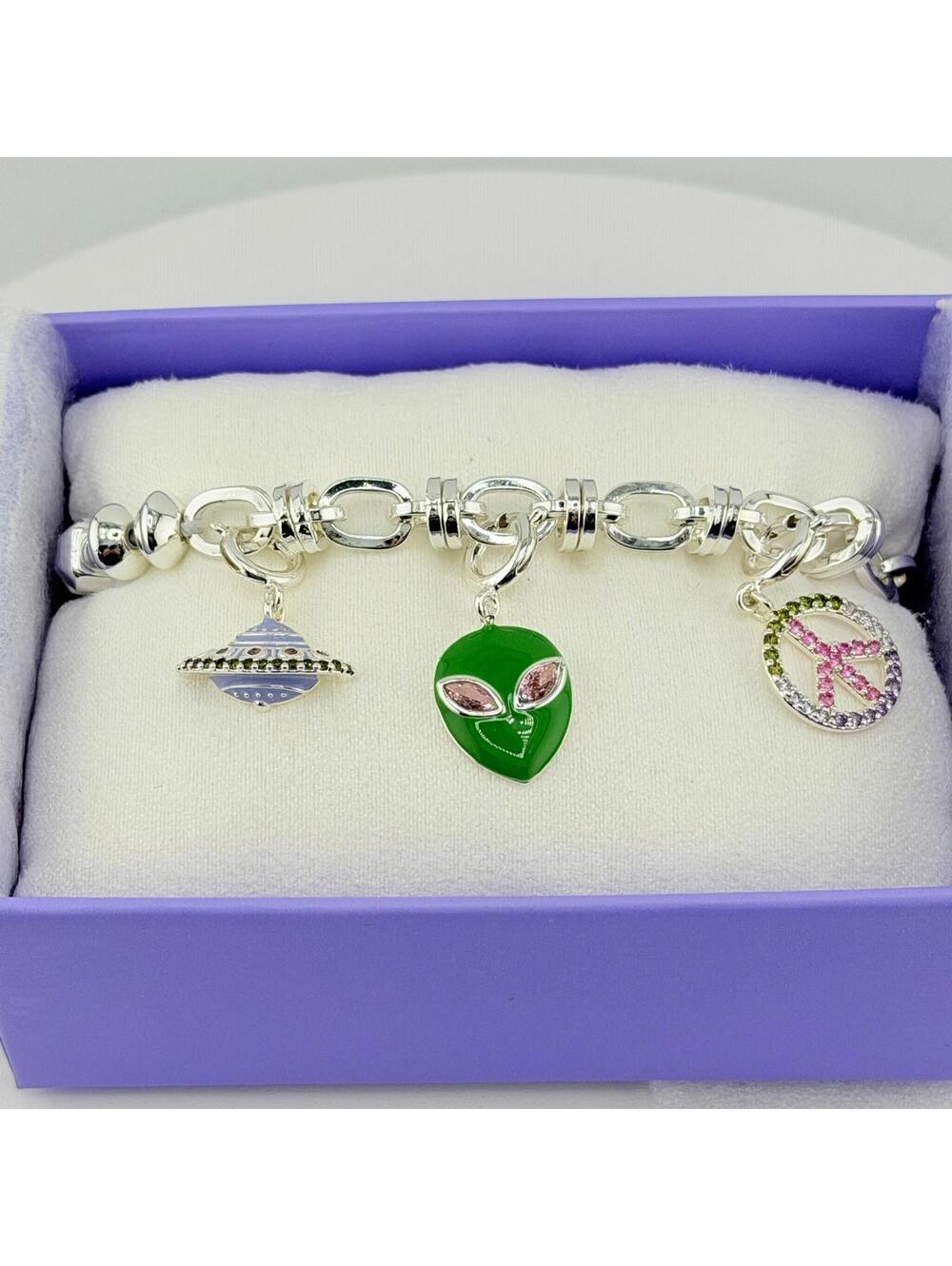 Bomb Party Charmelier Charm Bracelet "Galactic & Groovy" Alien, Spaceship, Peace